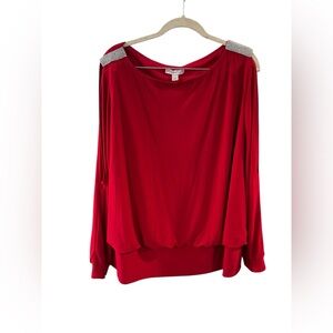 Red Blouse‎ with Embellished Rhinestone Shoulders